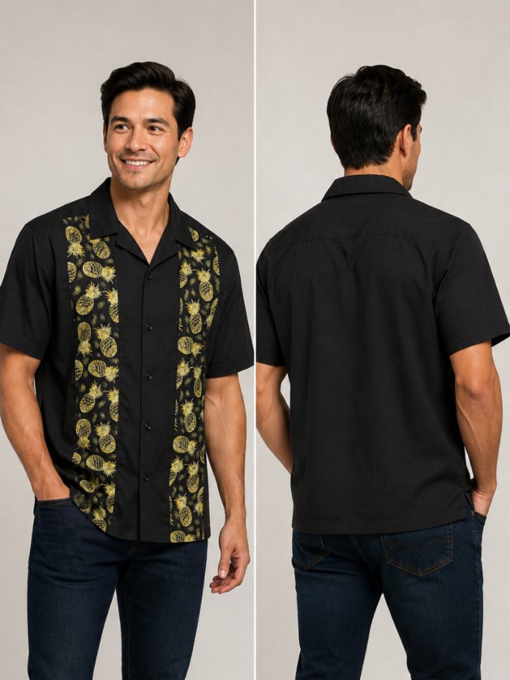 Essex Crossing Men's Medium Black Pineapple Print Button-Up Shirt Short Sleeve